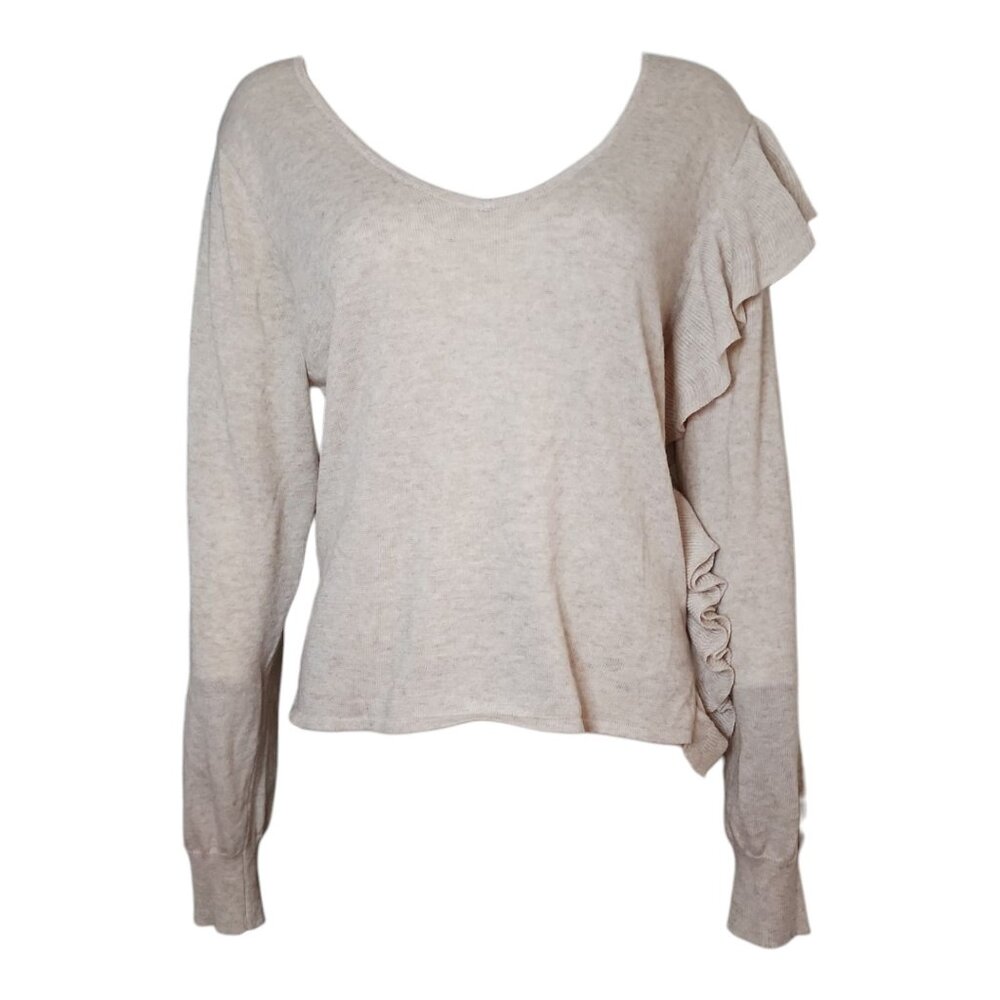 John + Jenn Sweater Womens Size M Medium Ruffle Side Neutral Pullover Wool Blend